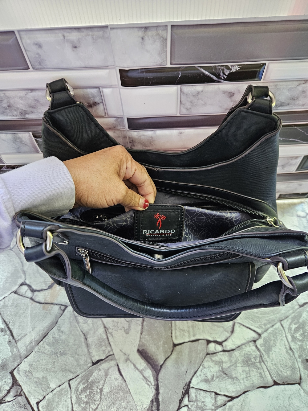 Classic Black Shoulder Tote with Front Zip and Snap Pocket - Picture 16 of 16